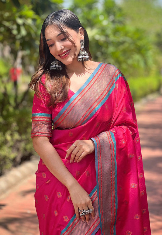 Pink Contrast Zari Woven Peacock Yeola Paithani Silk Saree