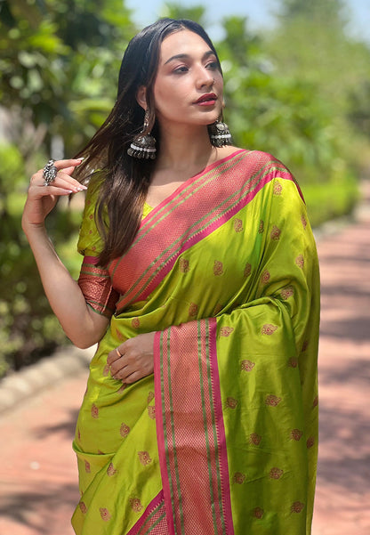 Pista Green Contrast Zari Woven Peacock Yeola Paithani Silk Saree