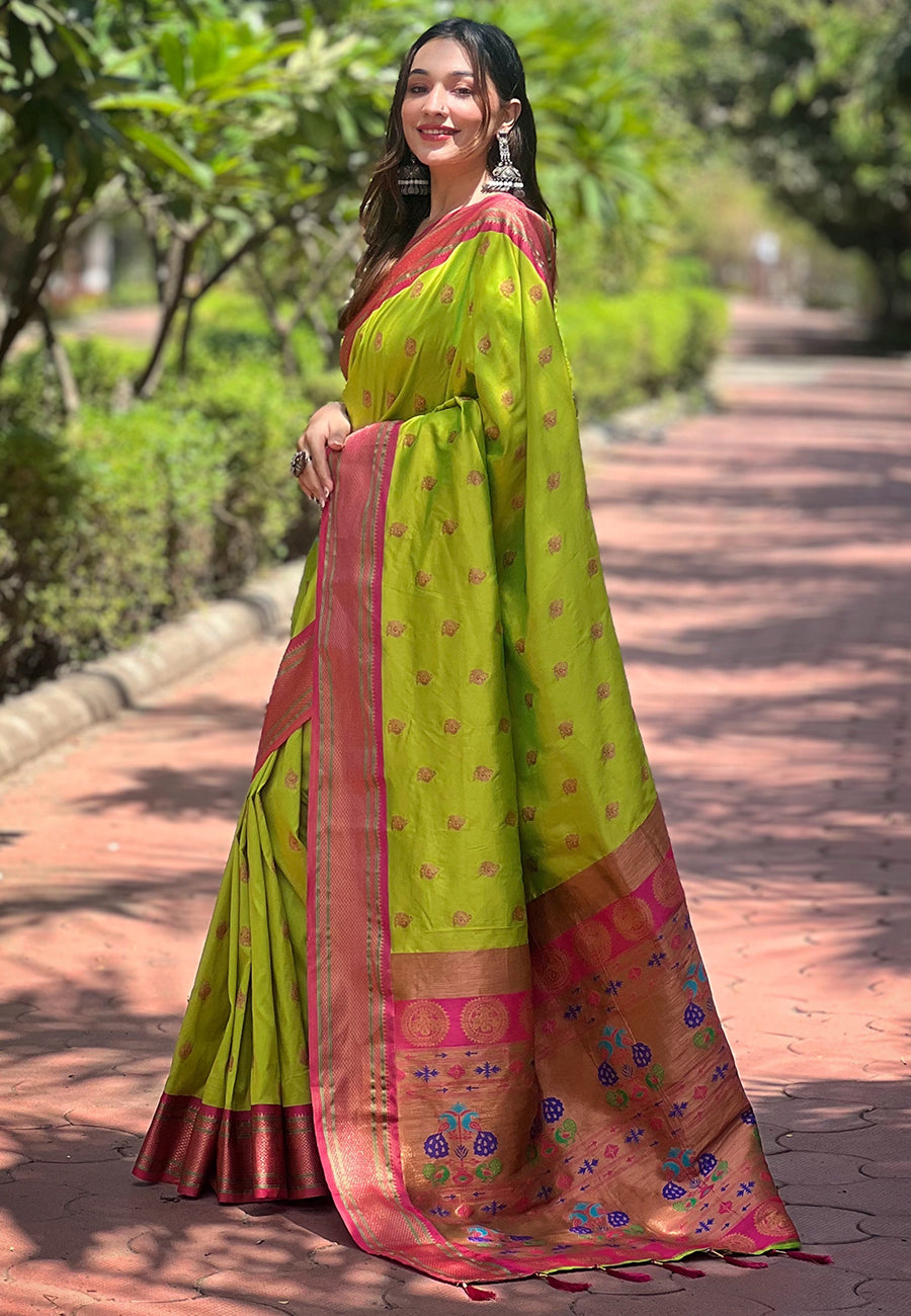 Pista Green Contrast Zari Woven Peacock Yeola Paithani Silk Saree