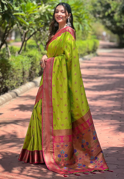Pista Green Contrast Zari Woven Peacock Yeola Paithani Silk Saree