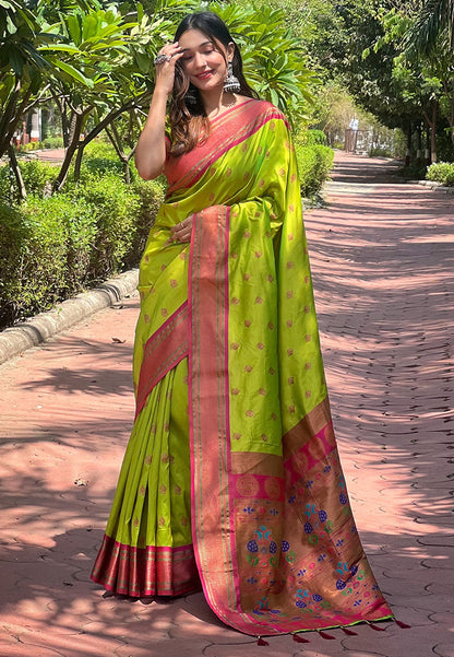 Pista Green Contrast Zari Woven Peacock Yeola Paithani Silk Saree