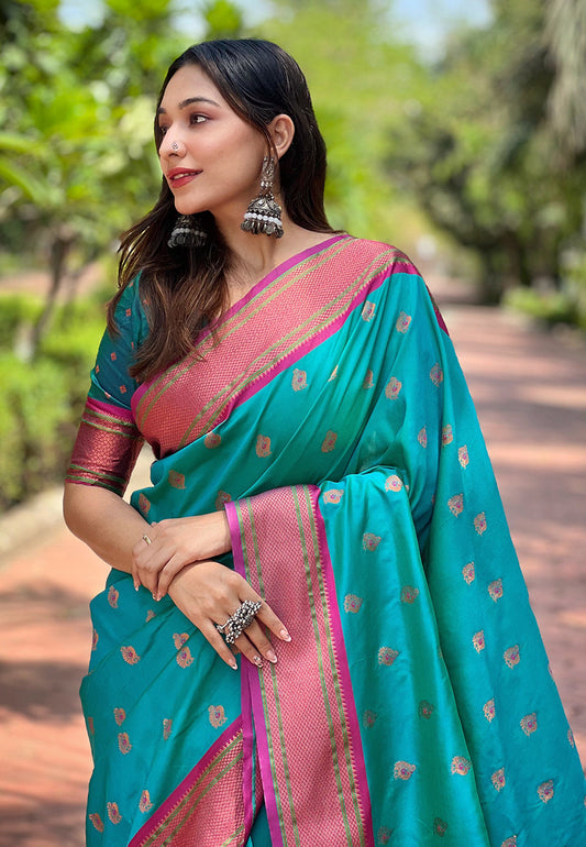 Sky Blue Contrast Zari Woven Peacock Yeola Paithani Silk Saree