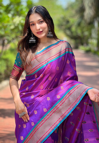 Purple Contrast Zari Woven Peacock Yeola Paithani Silk Saree