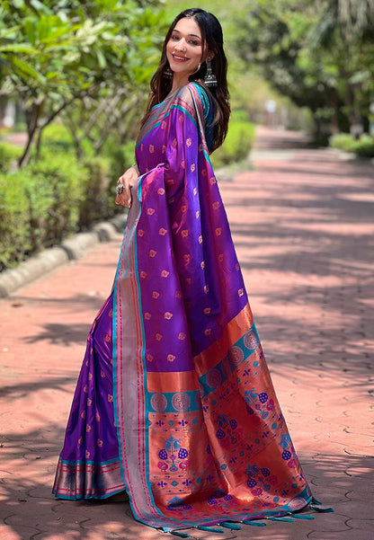 Purple Contrast Zari Woven Peacock Yeola Paithani Silk Saree