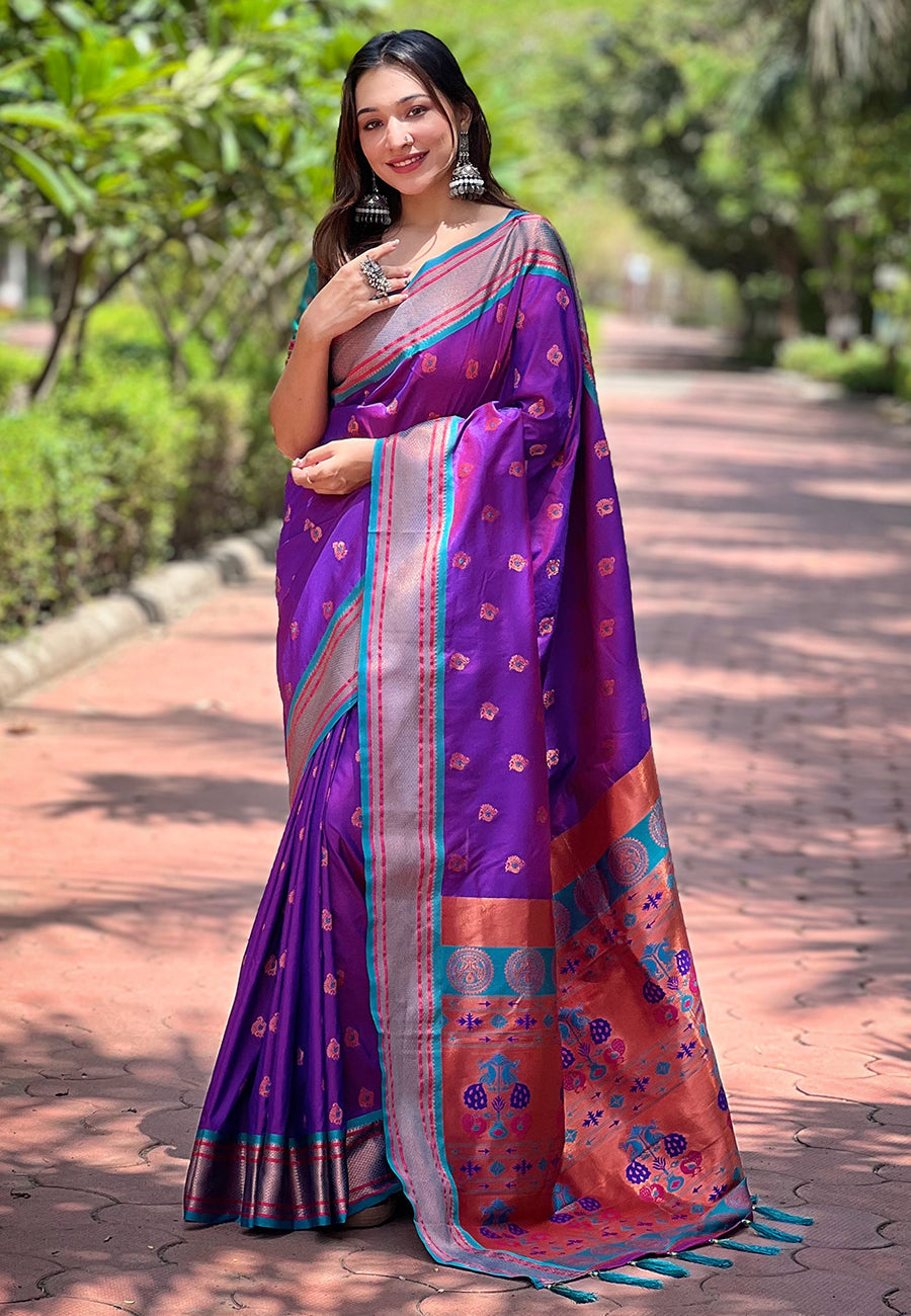 Purple Contrast Zari Woven Peacock Yeola Paithani Silk Saree