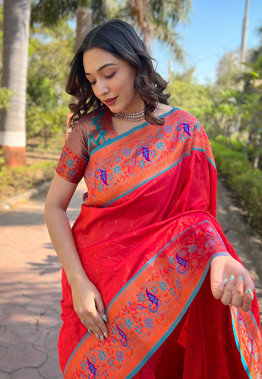 Red Original Meenakari Muniya Paithani Silk Zari Woven Saree