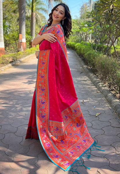Hot Pink Original Meenakari Muniya Paithani Silk Zari Woven Saree