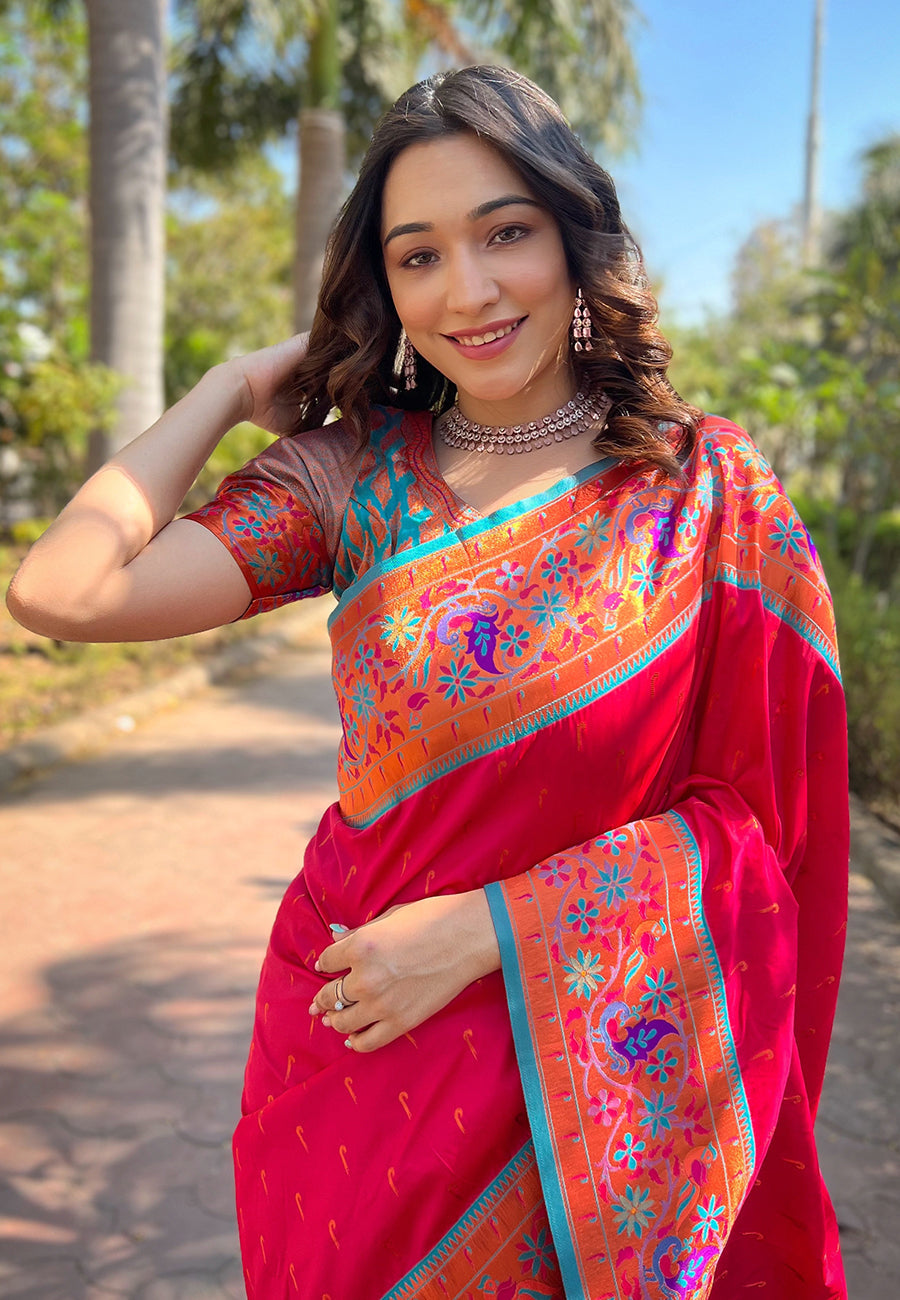 Hot Pink Original Meenakari Muniya Paithani Silk Zari Woven Saree