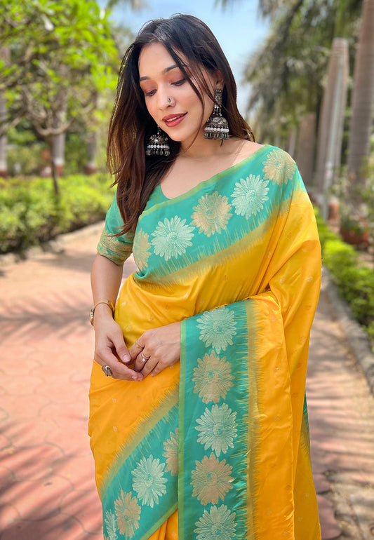 Yellow Soft Silk Floral Border Zari Woven Saree