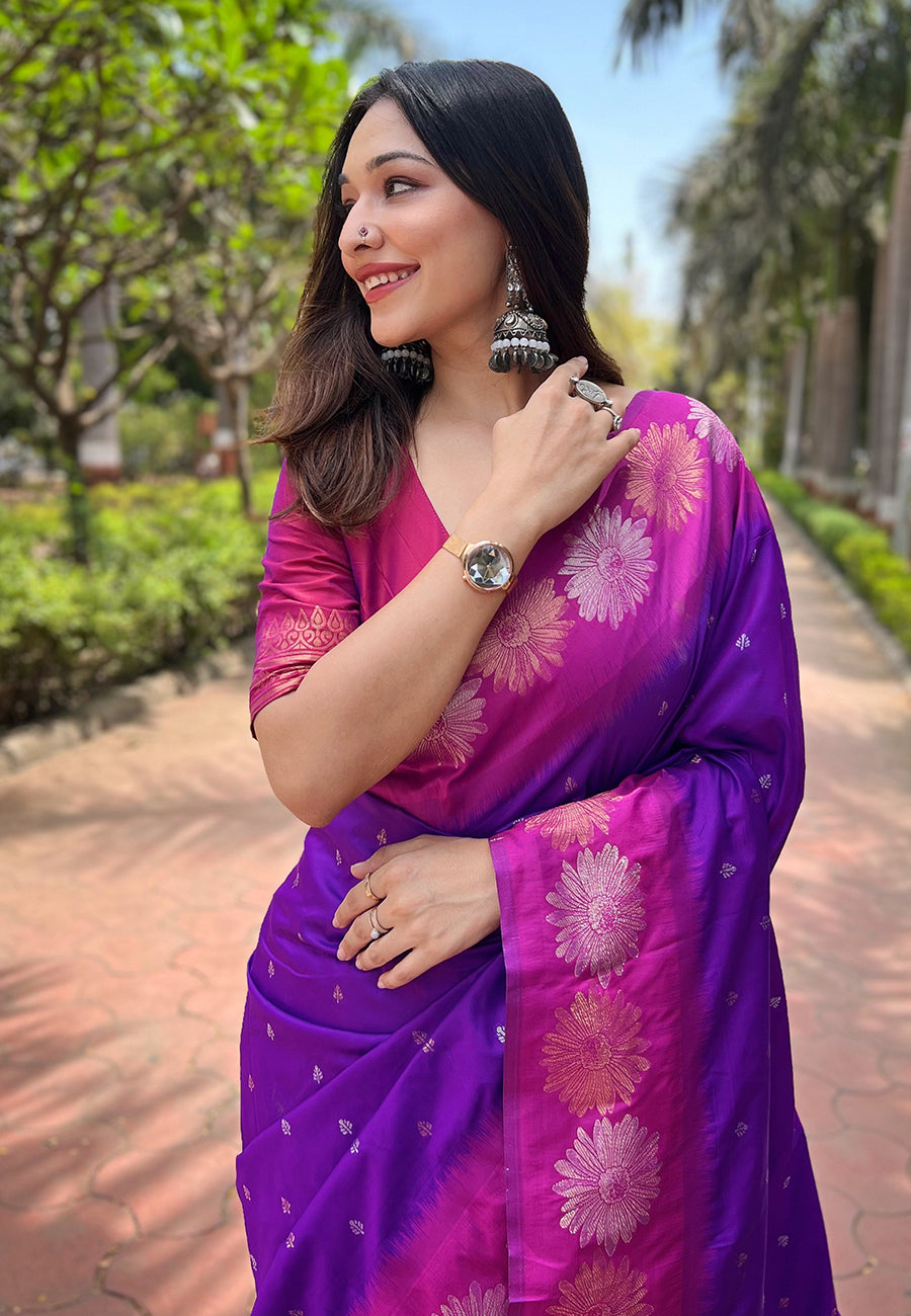 Purple Jam Soft Silk Floral Border Zari Woven Saree