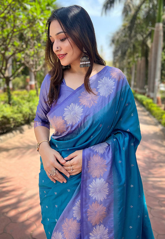 Teal Blue Soft Silk Floral Border Zari Woven Saree