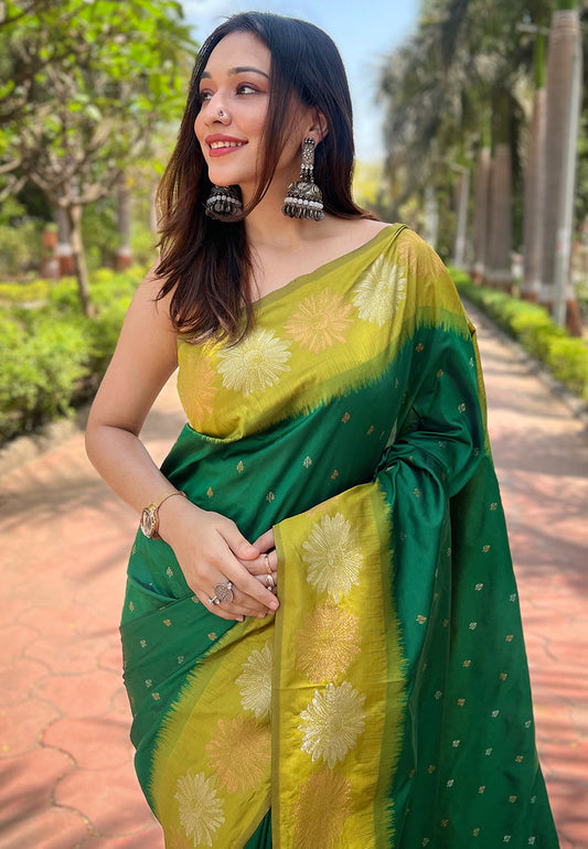 Green Pea Soft Silk Floral Border Zari Woven Saree