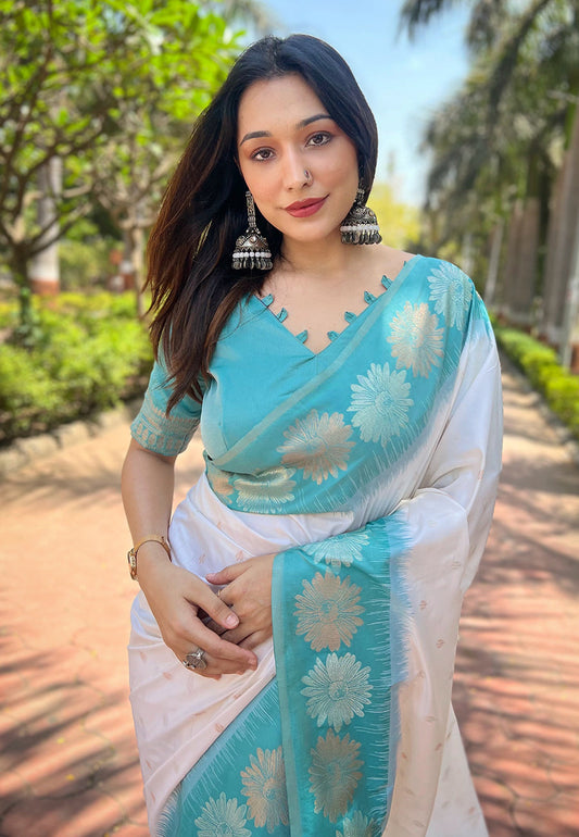 White Soft Silk Floral Border Zari Woven Saree