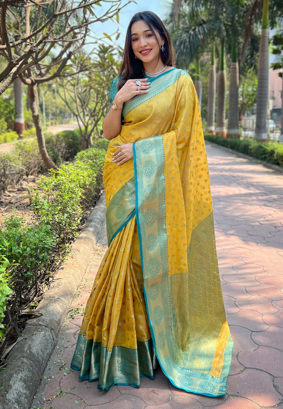 Yellow Kanchipuram Tissue Silk Traditional Zari Woven Saree