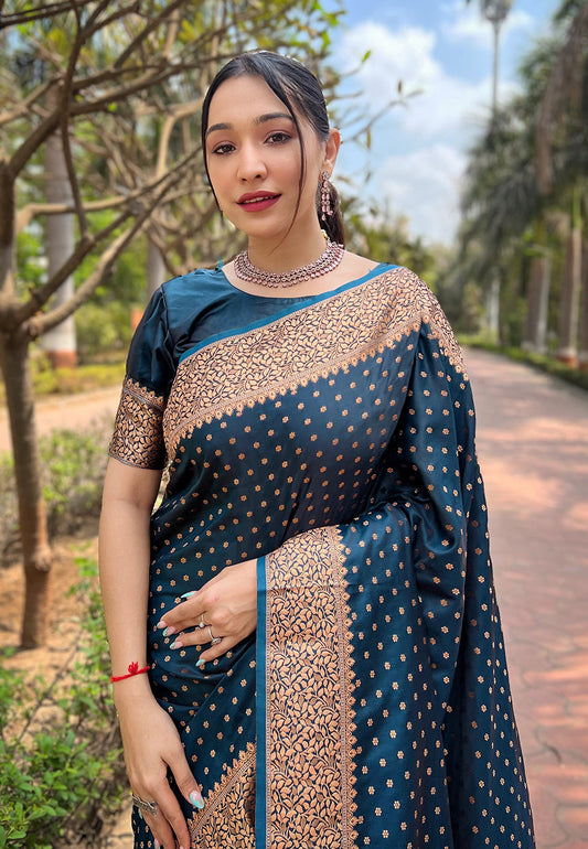 Deep Blue Banarasi Katan Silk Zari Woven Saree