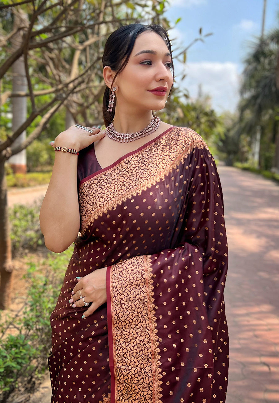 Dark Maroon Banarasi Katan Silk Zari Woven Saree