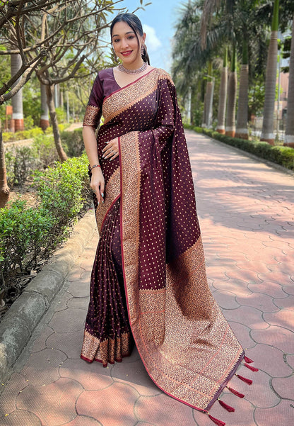Dark Maroon Banarasi Katan Silk Zari Woven Saree