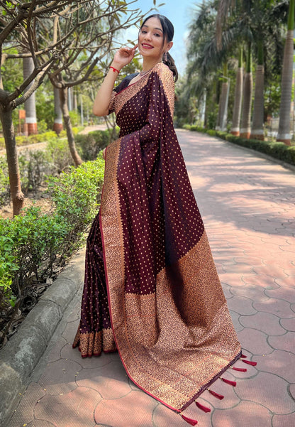 Dark Maroon Banarasi Katan Silk Zari Woven Saree