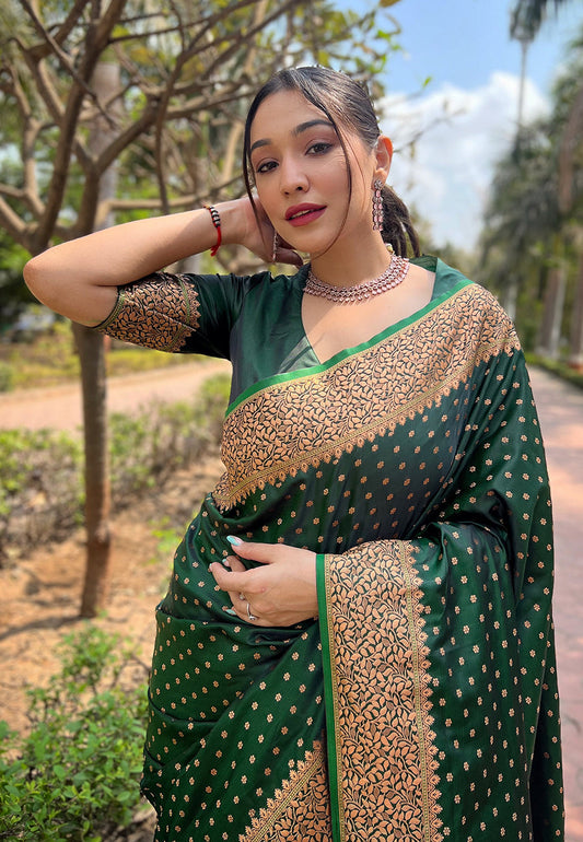 Dark Green Banarasi Katan Silk Zari Woven Saree