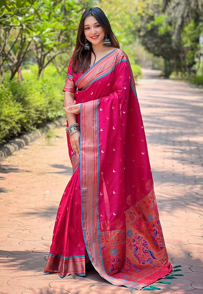 Pink Contrast Zari Woven Chaand Yeola Paithani Silk Saree