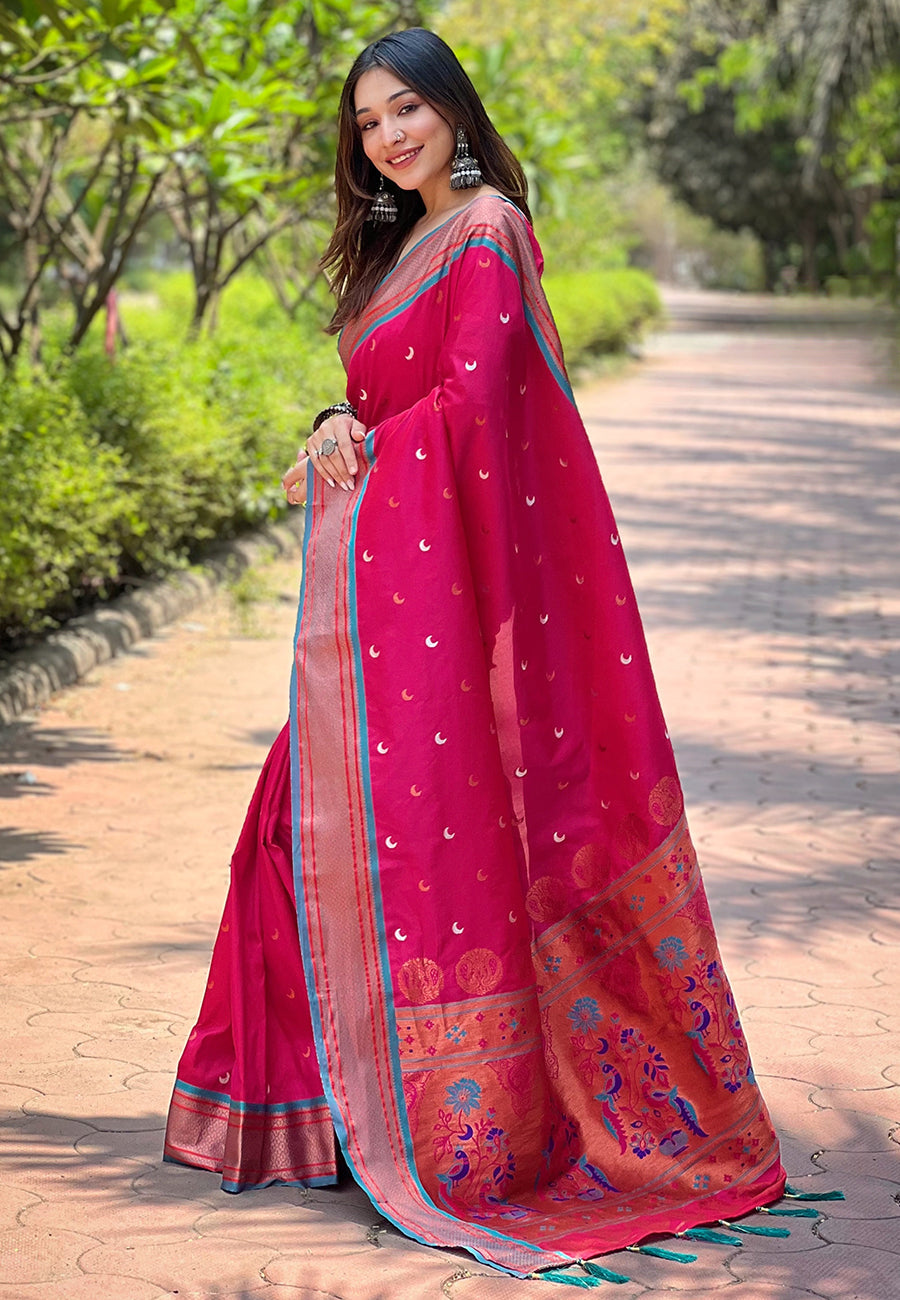 Pink Contrast Zari Woven Chaand Yeola Paithani Silk Saree