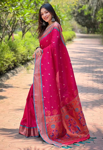 Pink Contrast Zari Woven Chaand Yeola Paithani Silk Saree