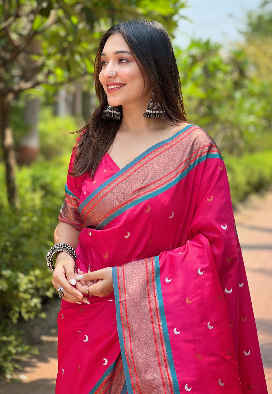 Pink Contrast Zari Woven Chaand Yeola Paithani Silk Saree
