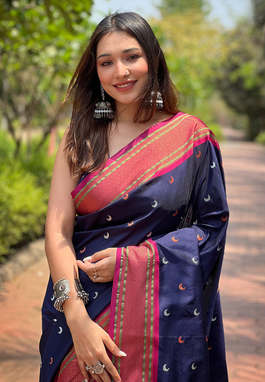 Navy Blue Contrast Zari Woven Chaand Yeola Paithani Silk Saree