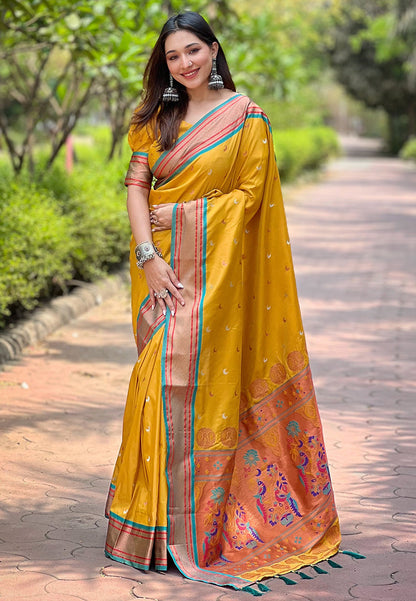 Luxor Gold Contrast Zari Woven Chaand Yeola Paithani Silk Saree