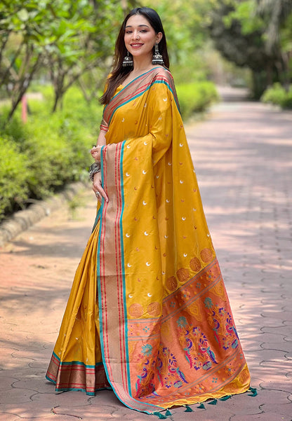 Luxor Gold Contrast Zari Woven Chaand Yeola Paithani Silk Saree