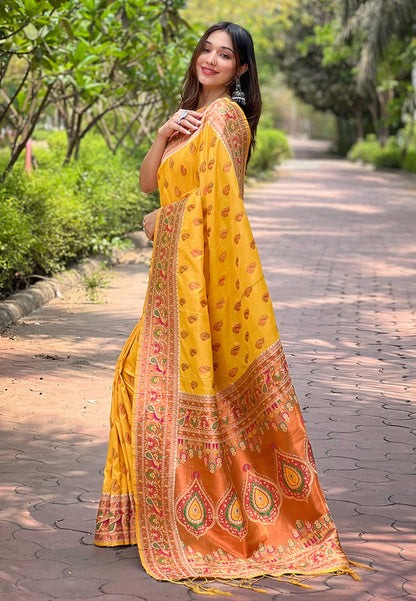 Yellow Original Maharashtrian Meenakari Yeola Paithani Silk Zari Woven Saree