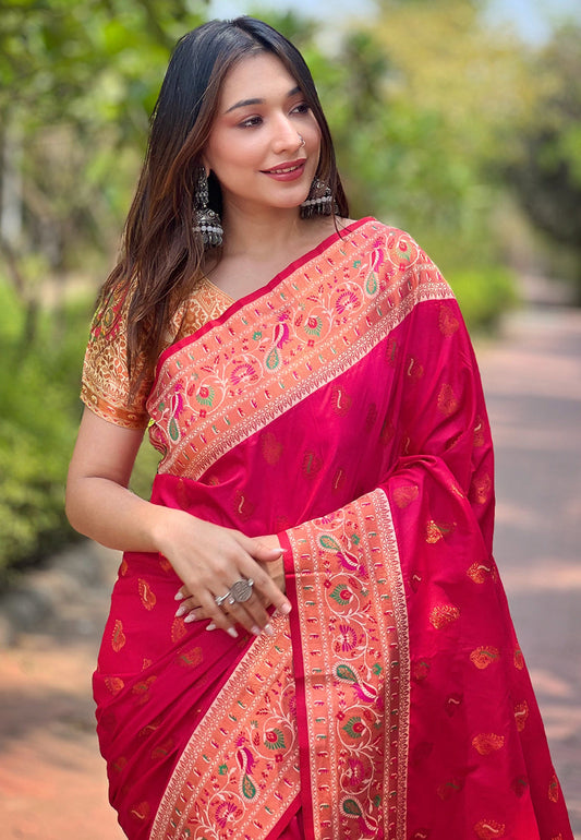Pink Original Maharashtrian Meenakari Yeola Paithani Silk Zari Woven Saree