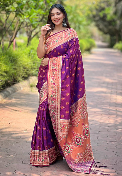 Purple Original Maharashtrian Meenakari Yeola Paithani Silk Zari Woven Saree