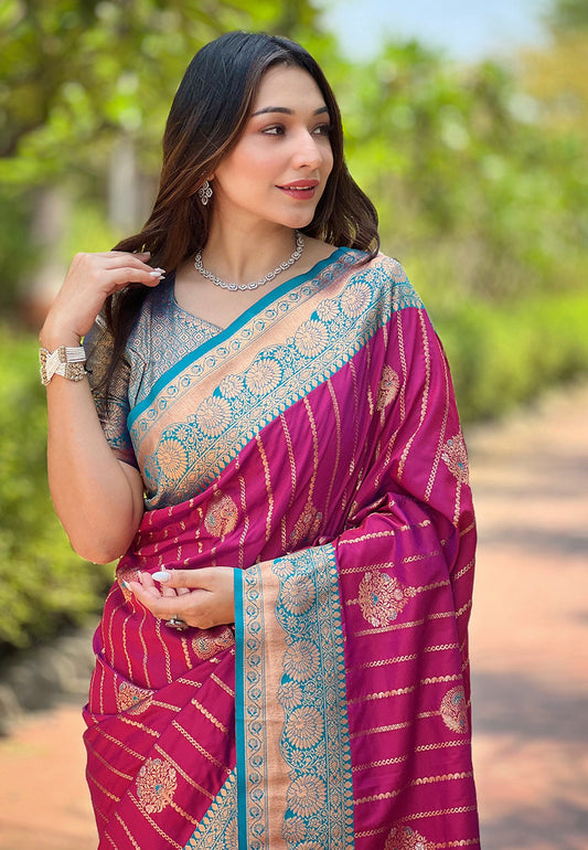 Magenta Pink Soft Silk Contrast Zari Woven Saree