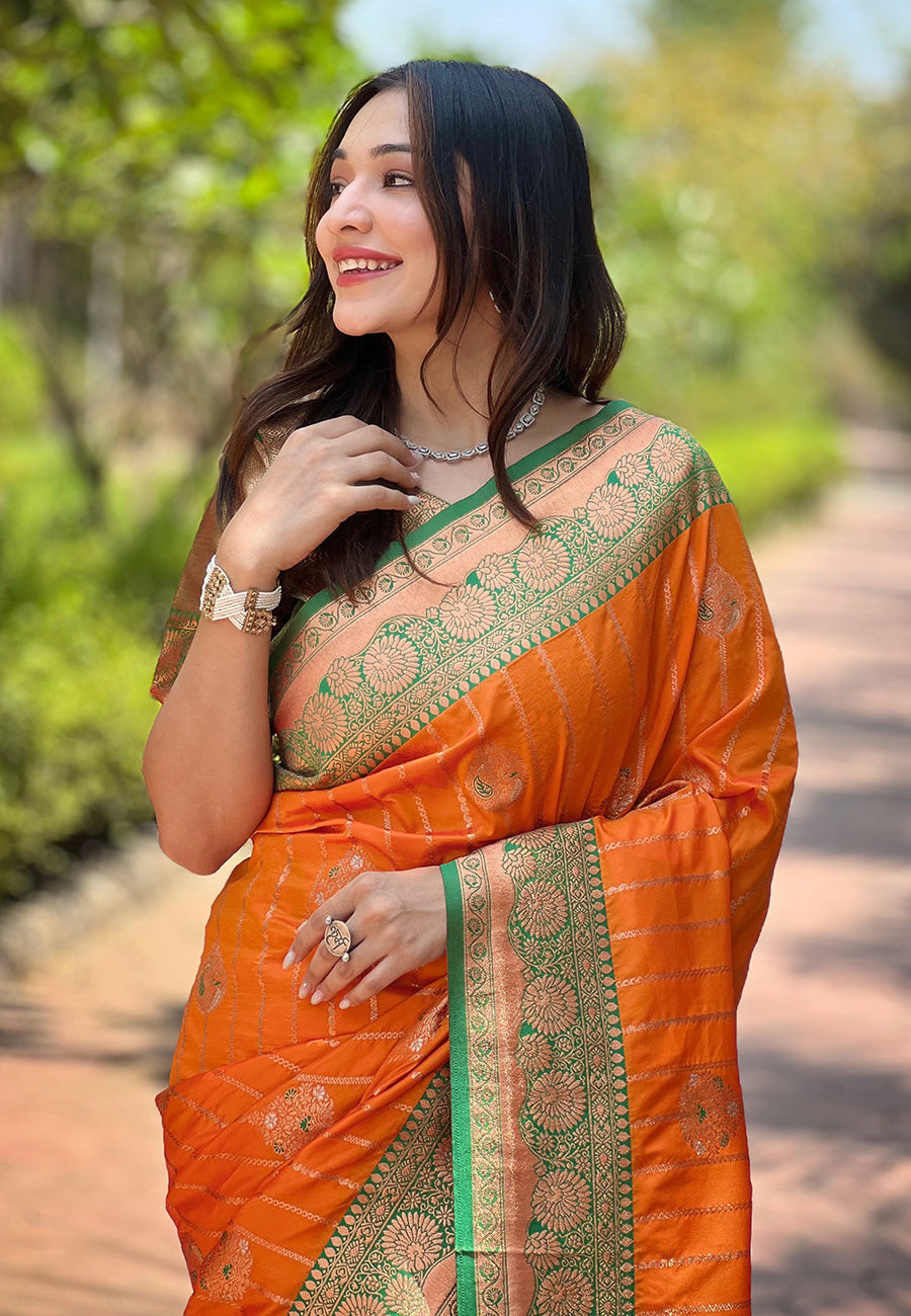 Orange Soft Silk Contrast Zari Woven Saree