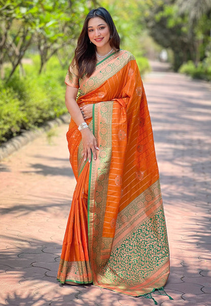 Orange Soft Silk Contrast Zari Woven Saree