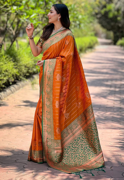 Orange Soft Silk Contrast Zari Woven Saree