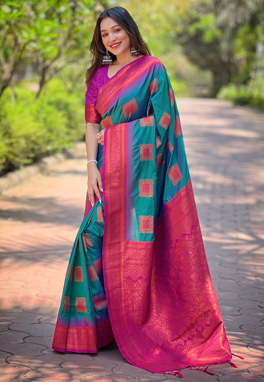 Green Soft Silk Contrast Zari Woven Saree
