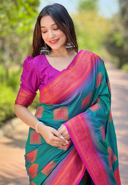Green Soft Silk Contrast Zari Woven Saree