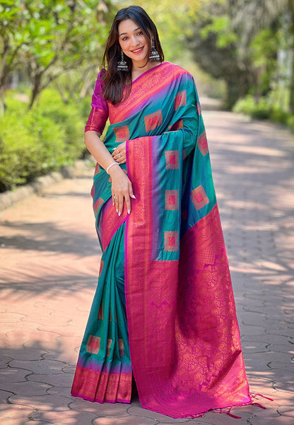 Green Soft Silk Contrast Zari Woven Saree