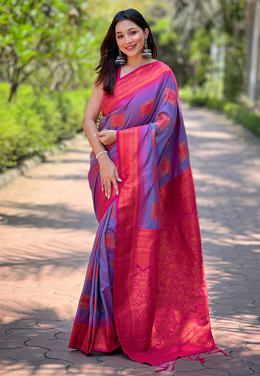 Lavender Soft Silk Contrast Zari Woven Saree