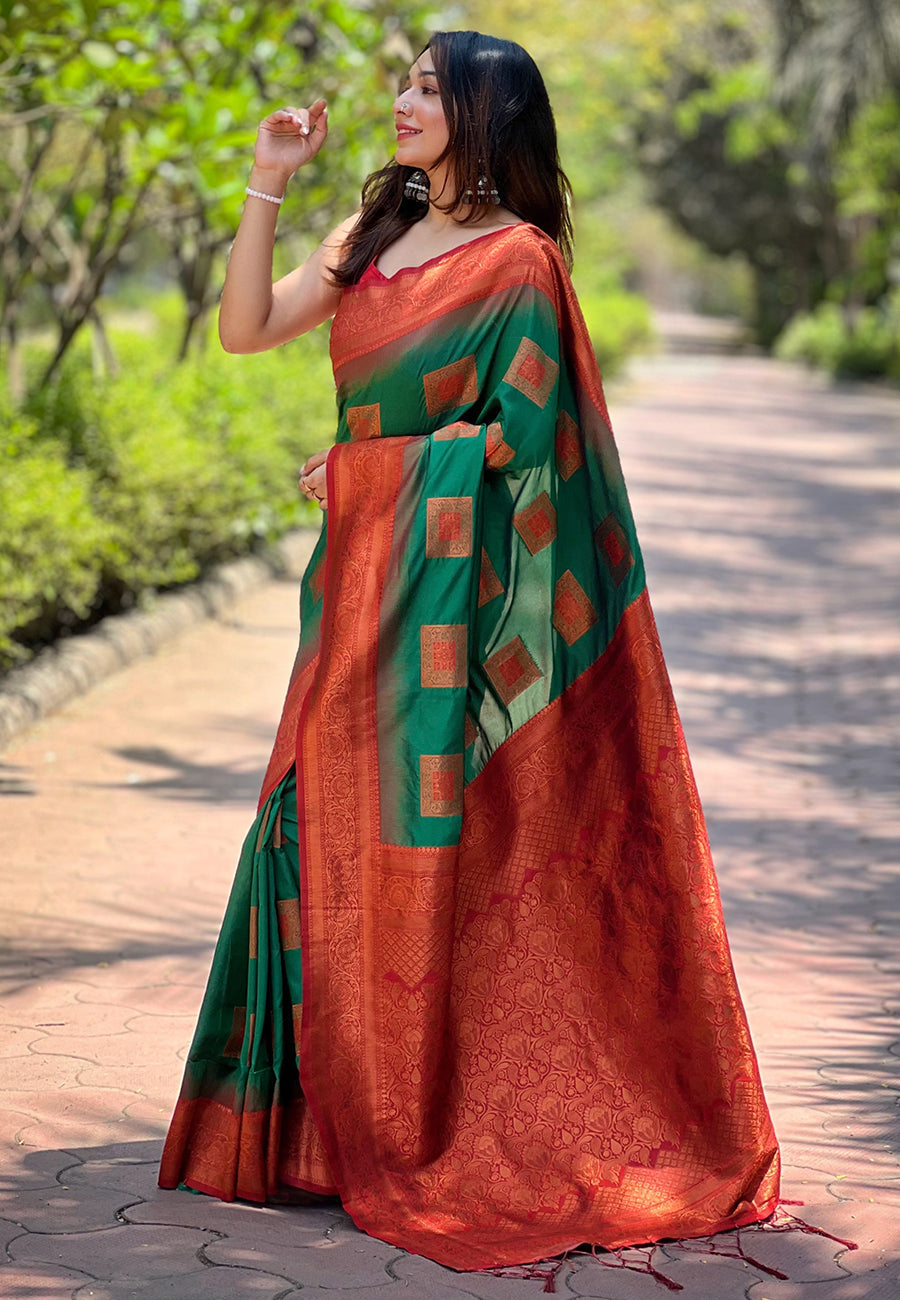 Green Soft Silk Contrast Zari Woven Saree