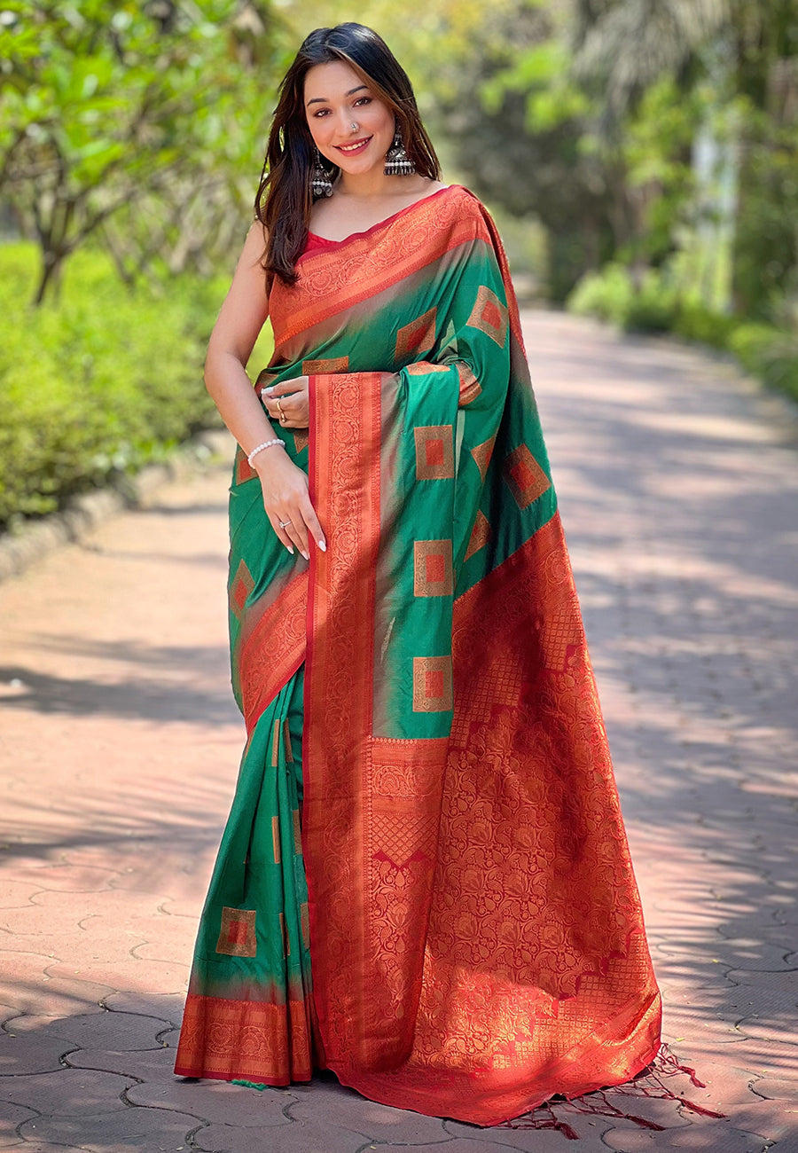 Green Soft Silk Contrast Zari Woven Saree