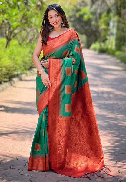 Green Soft Silk Contrast Zari Woven Saree