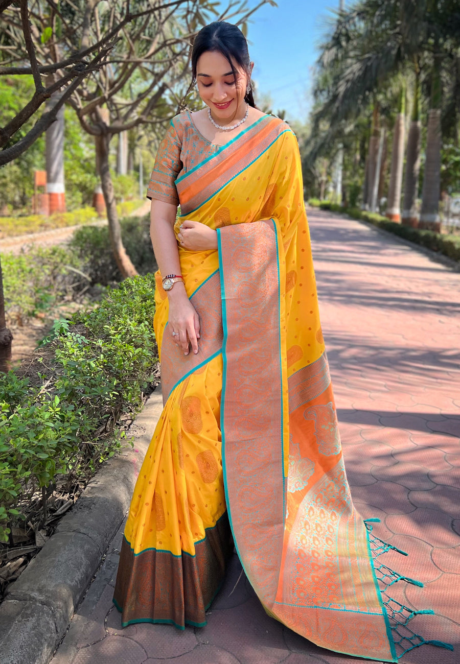 Yellow Soft Silk Contrast Gold Zari Woven Saree