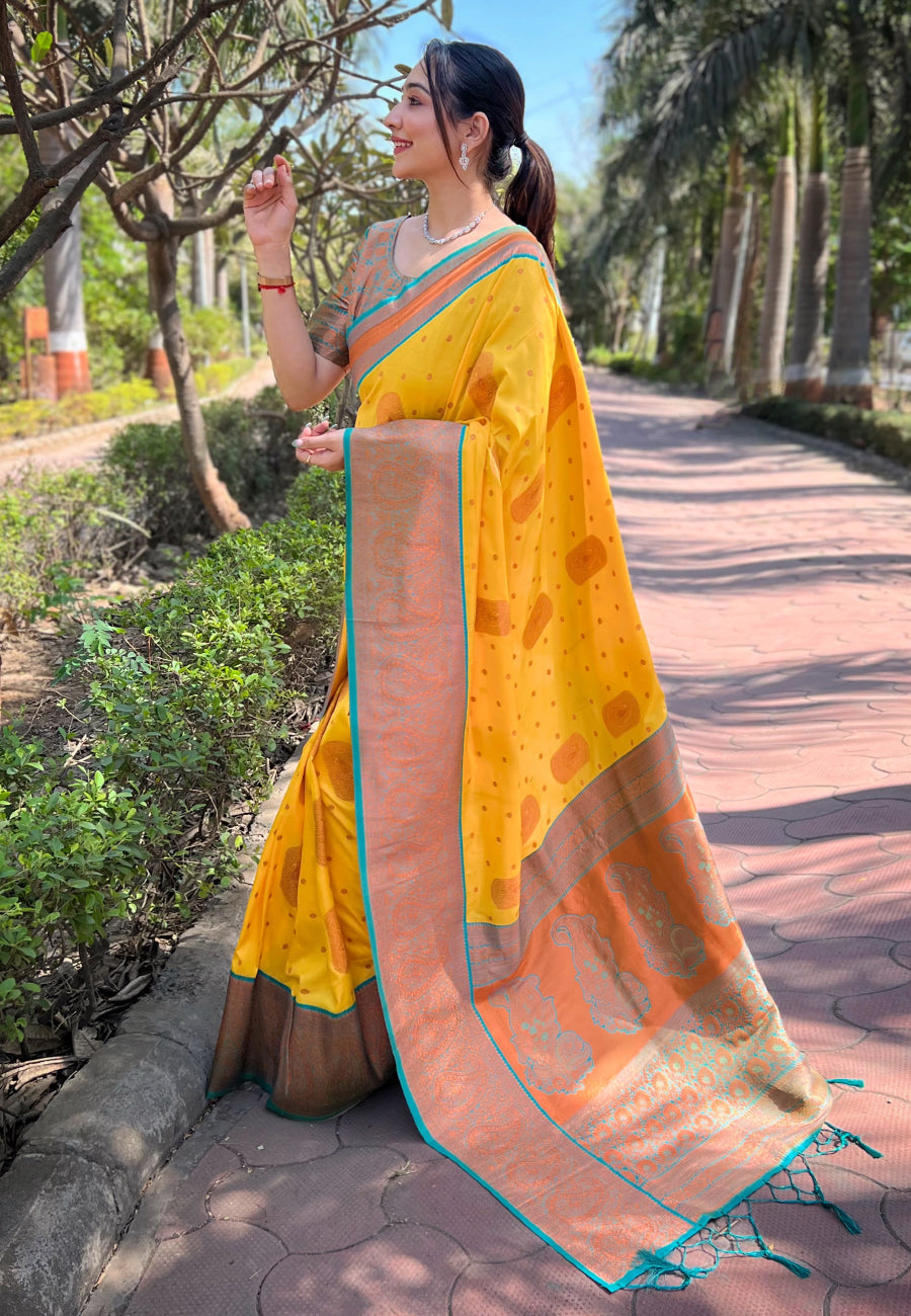Yellow Soft Silk Contrast Gold Zari Woven Saree