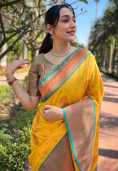 Yellow Soft Silk Contrast Gold Zari Woven Saree
