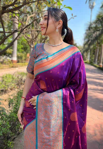 Purple Soft Silk Contrast Gold Zari Woven Saree