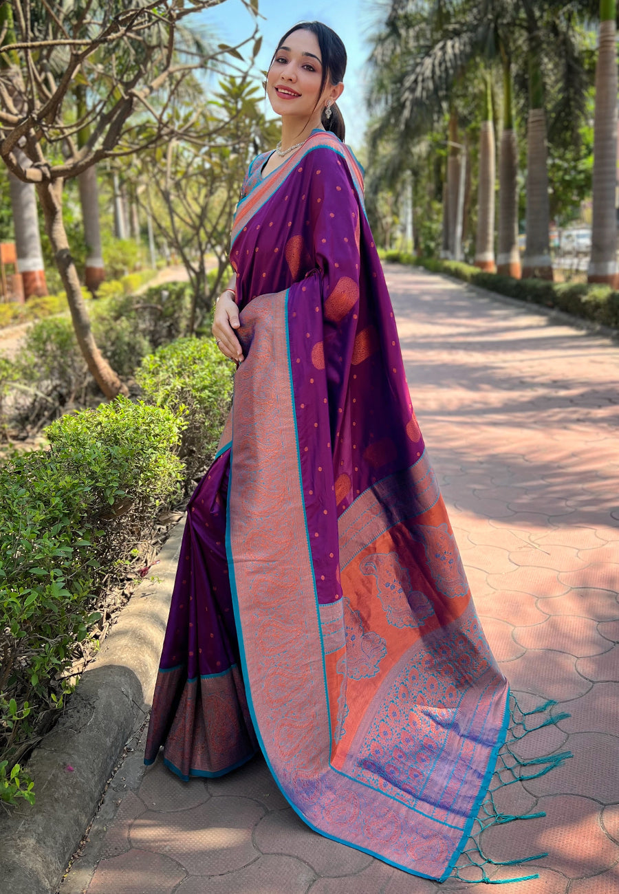 Purple Soft Silk Contrast Gold Zari Woven Saree
