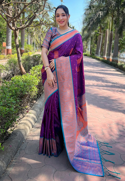 Purple Soft Silk Contrast Gold Zari Woven Saree